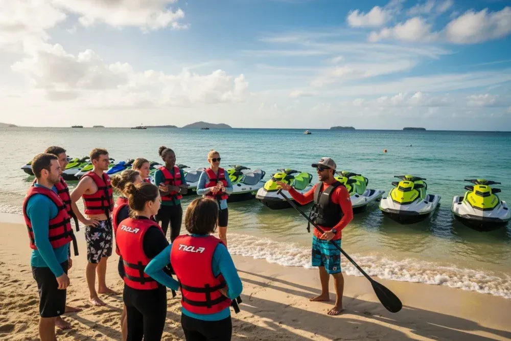 A tour guide conducting a safety briefing for a group of riders before their jet ski trip - Jet ski trips Gold Coast