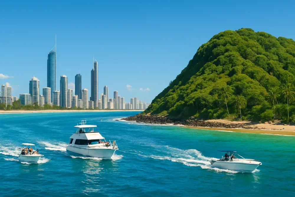 Gold Coast skyline from the water, with boats cruising near Burleigh Heads - Boat hire Burleigh Heads