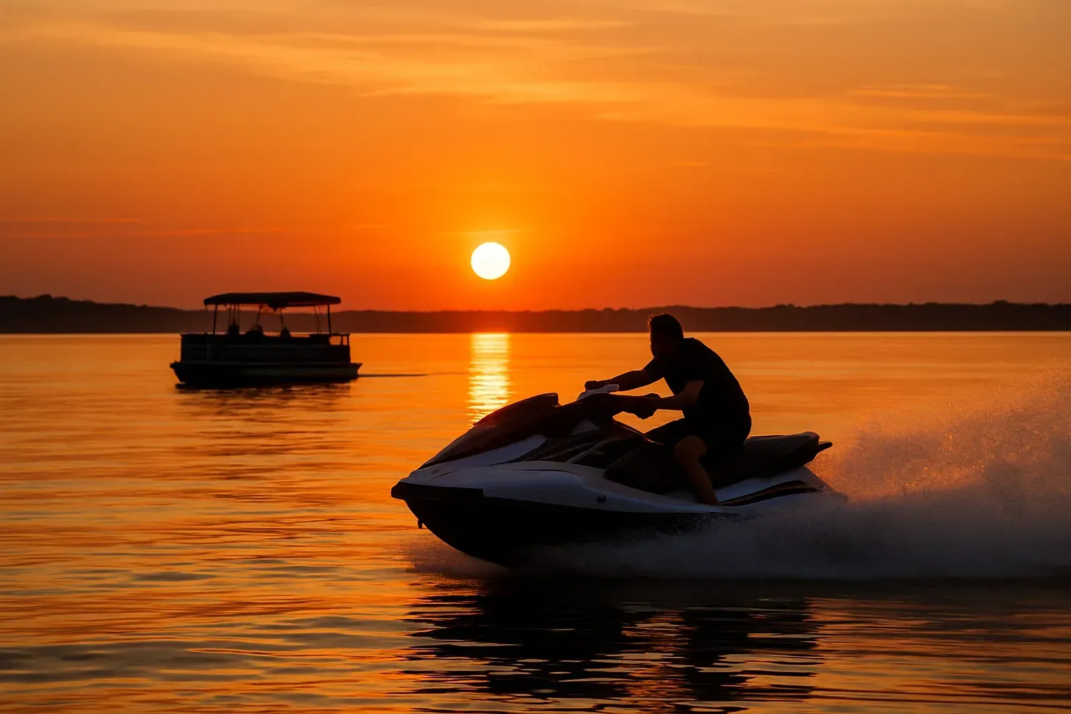 jet ski speeding across the water with a pontoon boat in the background against a sunset - pontoon boat hire jet ski speeding across the water with a pontoon boat in the background against a sunset - pontoon boat hire