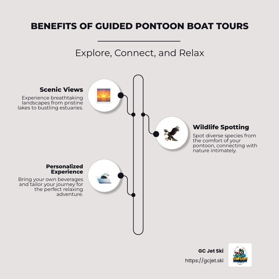 Benefits of guided pontoon boat tours. Shows scenic views, wildlife spotting, and personalized experience.