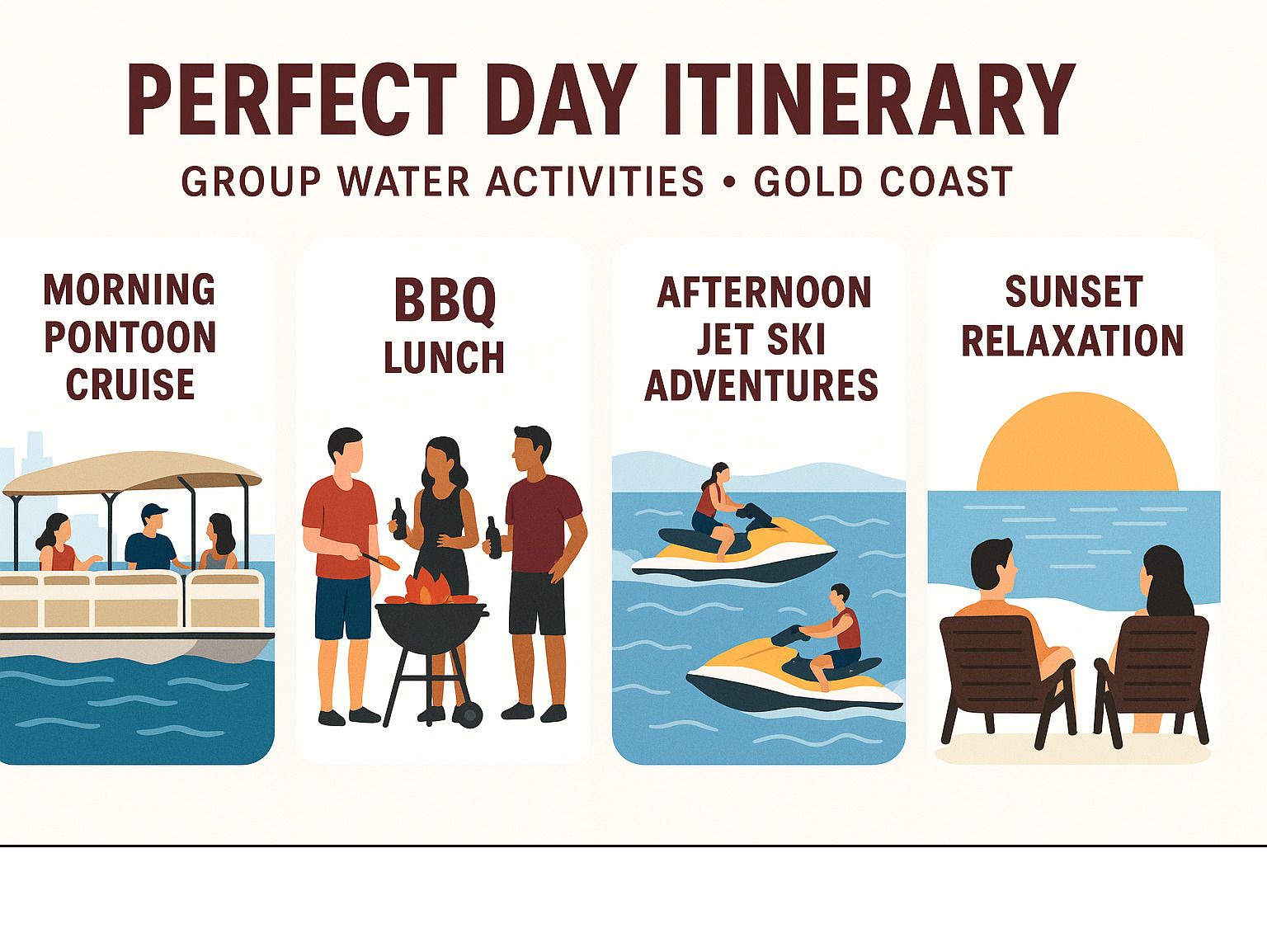 Perfect day itinerary: group water activities on the Gold Coast. Includes pontoon cruise, BBQ lunch, jet ski adventures, and sunset relaxation.