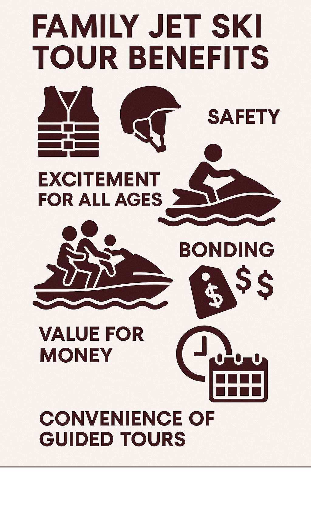 Benefits of family jet ski tour; depicts safety, excitement, bonding, value, and convenience.