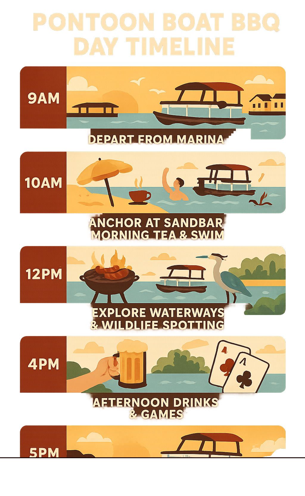 Pontoon boat BBQ day timeline: departure, sandbar, exploring waterways, drinks & games.