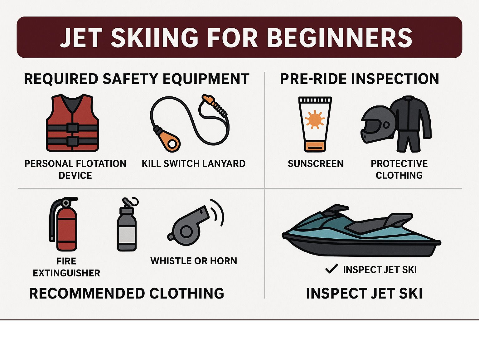 Guide for beginners on jet skiing. Lists required safety equipment, pre-ride inspection, and recommended clothing.