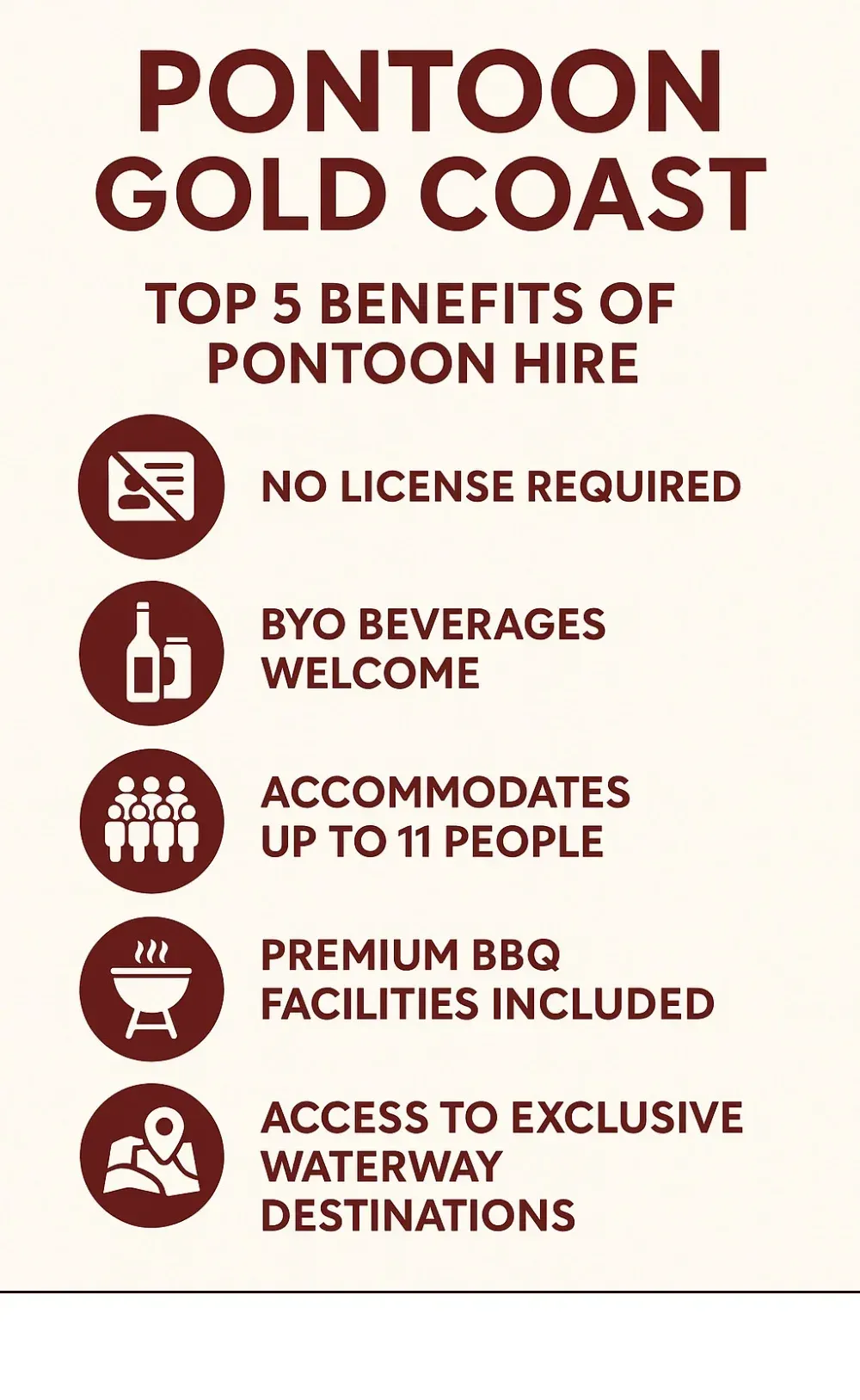Infographic showing the top 5 benefits of pontoon hire on the Gold Coast: no license required, BYO beverages welcome, accommodates up to 11 people, premium BBQ facilities included, and access to exclusive waterway destinations - Pontoon Gold Coast infographic 