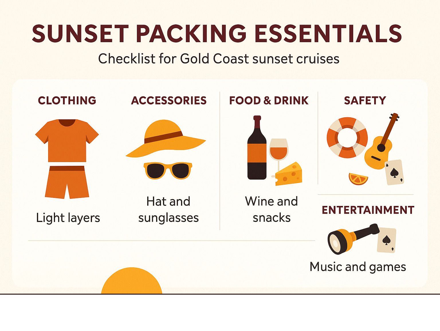 Checklist for Gold Coast sunset cruises: light layers, hat, sunglasses, wine, snacks, music, games, and safety items.