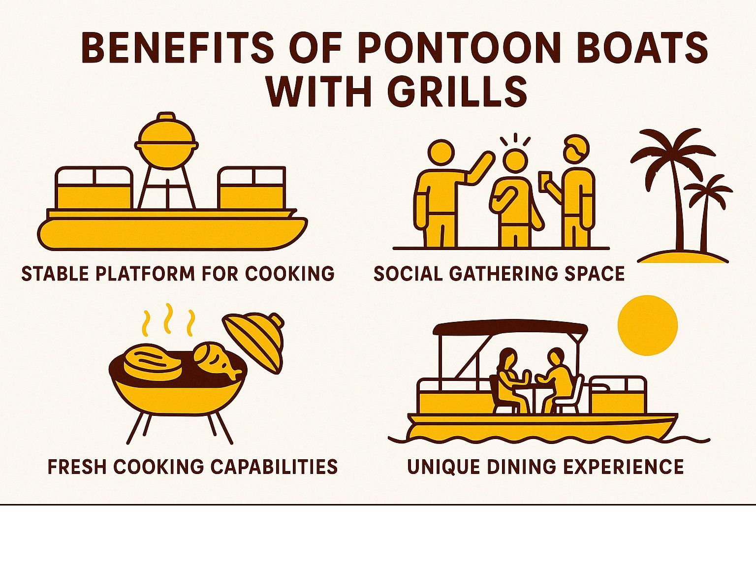 Infographic: Benefits of pontoon boats with grills. Shows stable cooking, social gathering, fresh cooking, and unique dining.