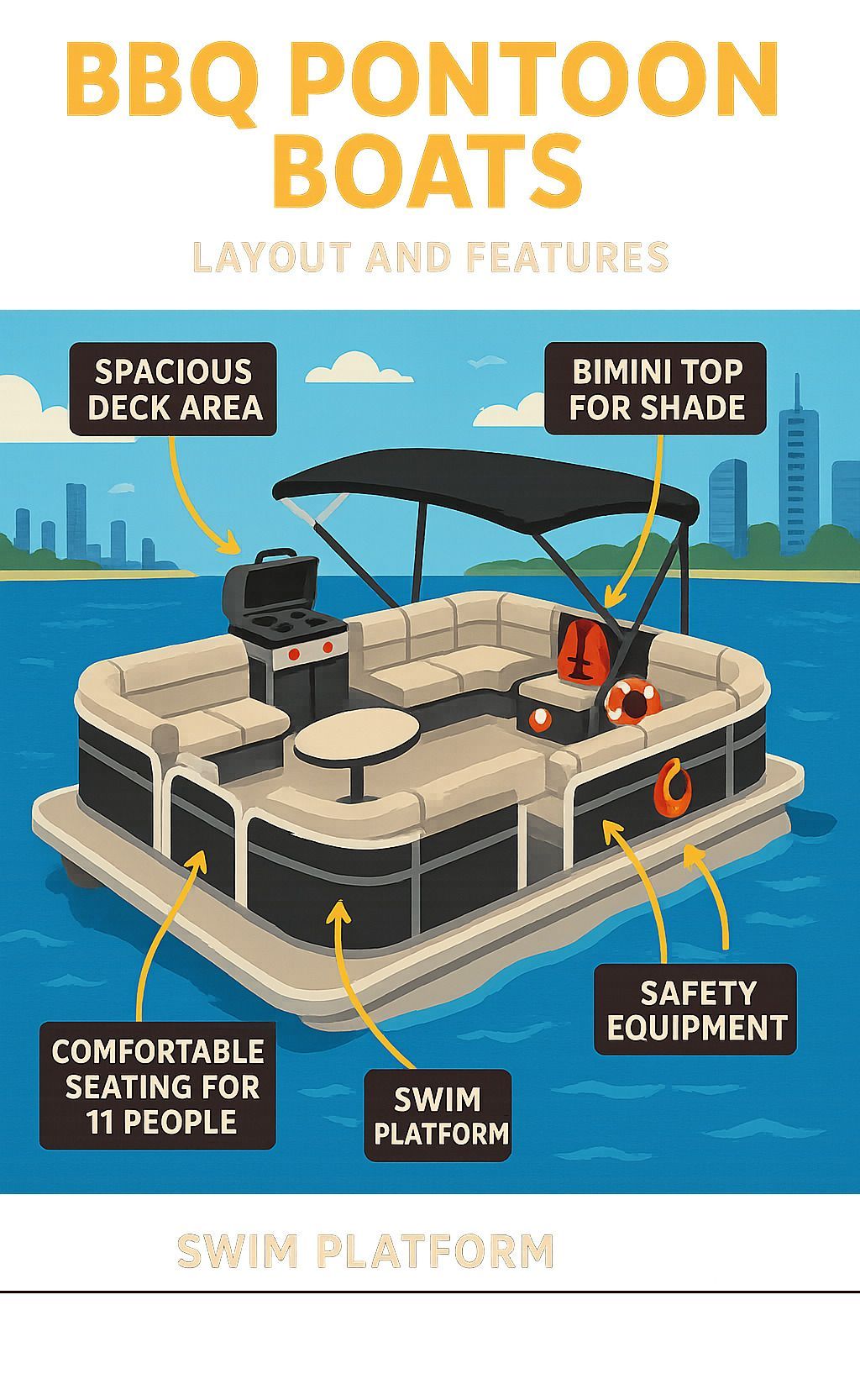 BBQ pontoon boat with spacious deck, grill, seating, bimini top, and safety equipment.