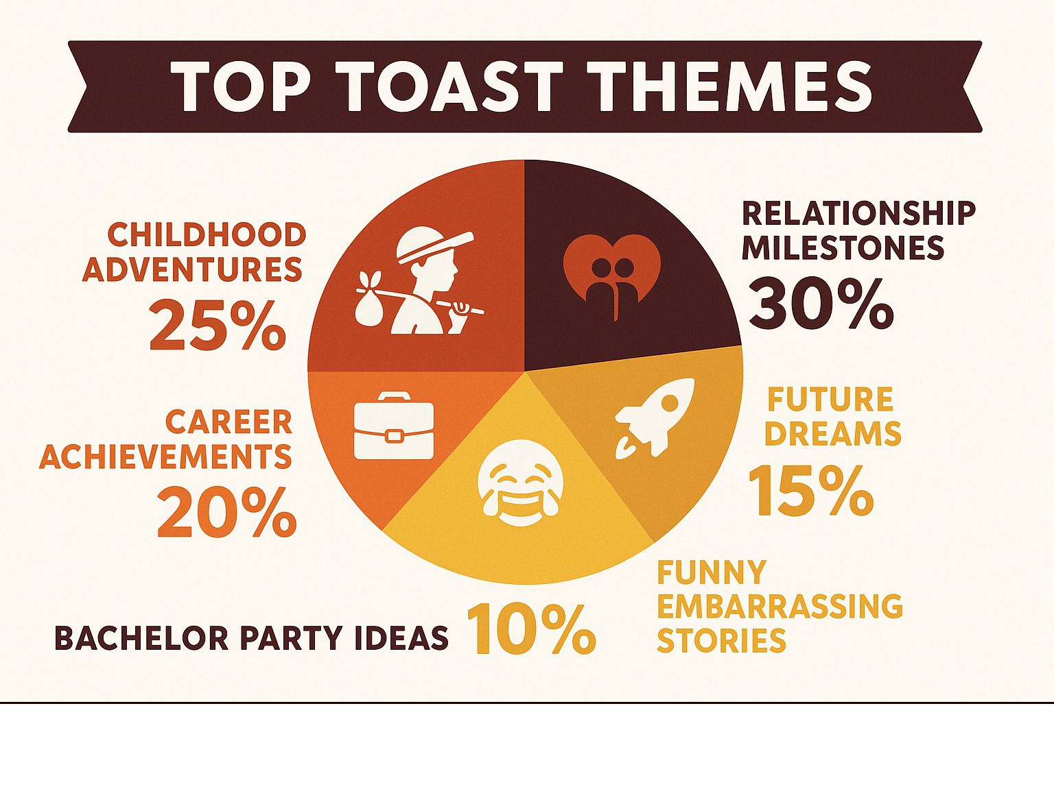 Pie chart of toast themes: Relationship milestones 30%, childhood adventures 25%, career achievements 20%, future dreams 15%, and funny stories 10%.