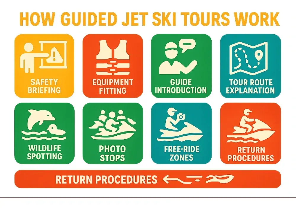 How Guided Jet Ski Tours Work - Safety briefing, equipment fitting, guide introduction, tour route explanation, operating instructions, group formation, wildlife spotting opportunities, photo stops, free-ride zones, and return procedures - Guided jet ski tours infographic 