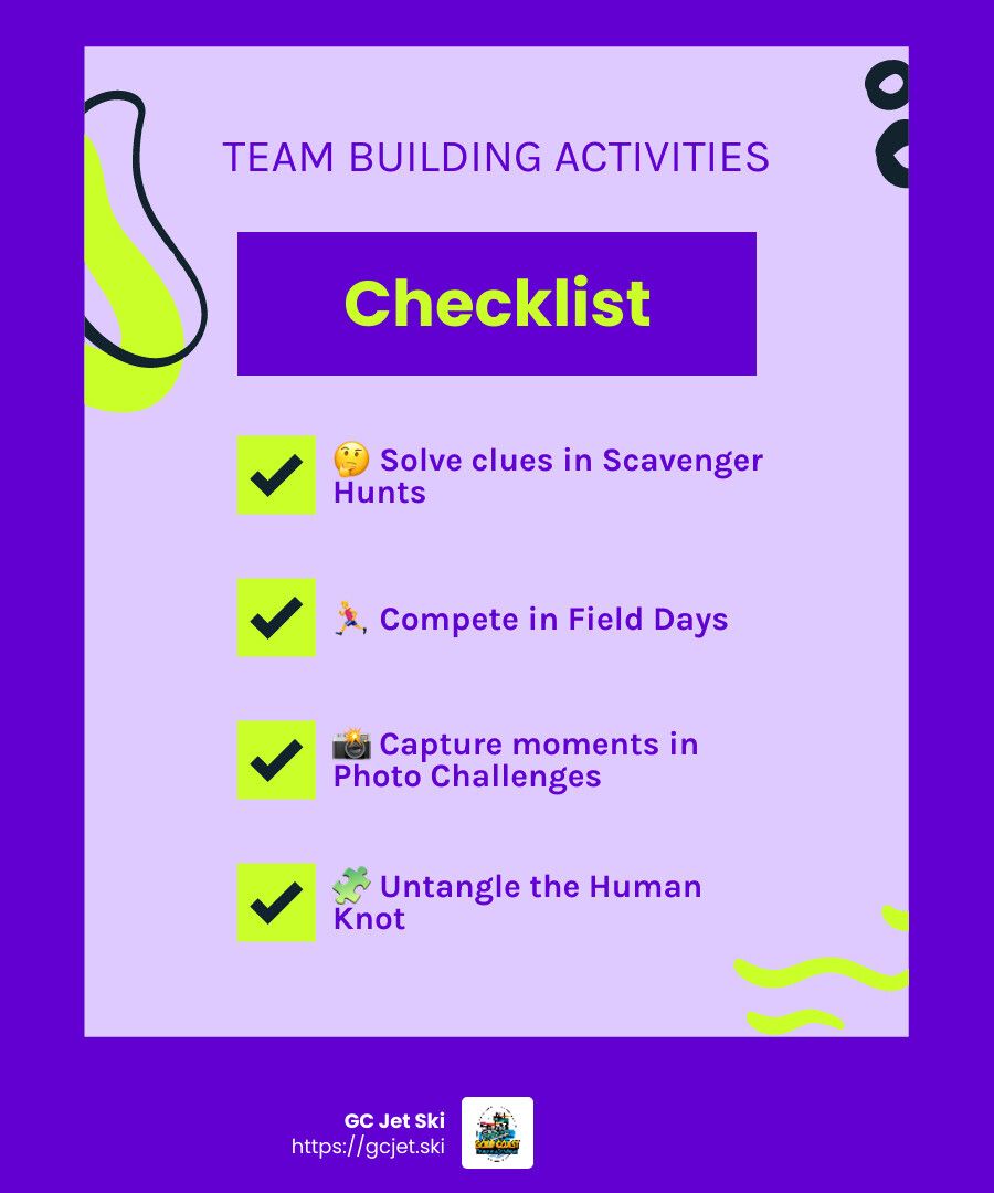 Purple checklist for team building activities. Includes: scavenger hunts, field days, photo challenges, and human knot.