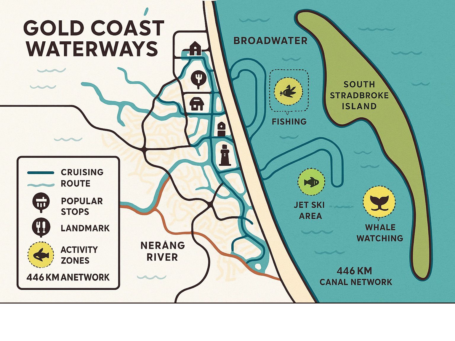 Map of Gold Coast waterways, showing cruising routes, popular stops, landmarks, and activity zones. Includes Broadwater, Nerang River, and South Stradbroke Island.