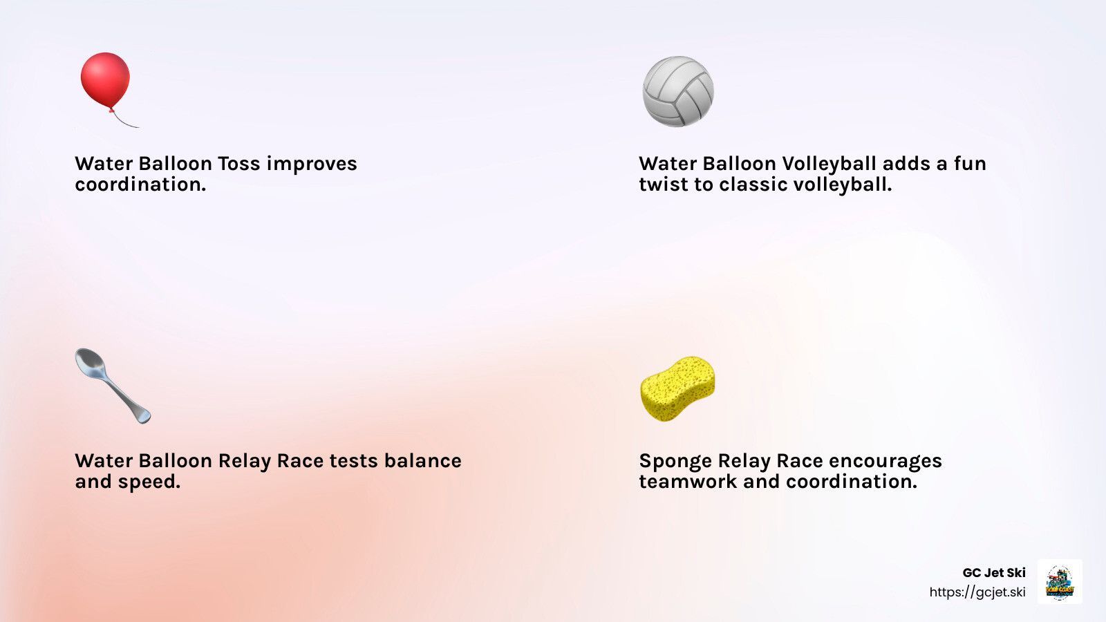 Four illustrations of water games: balloon, volleyball, spoon, and sponge.