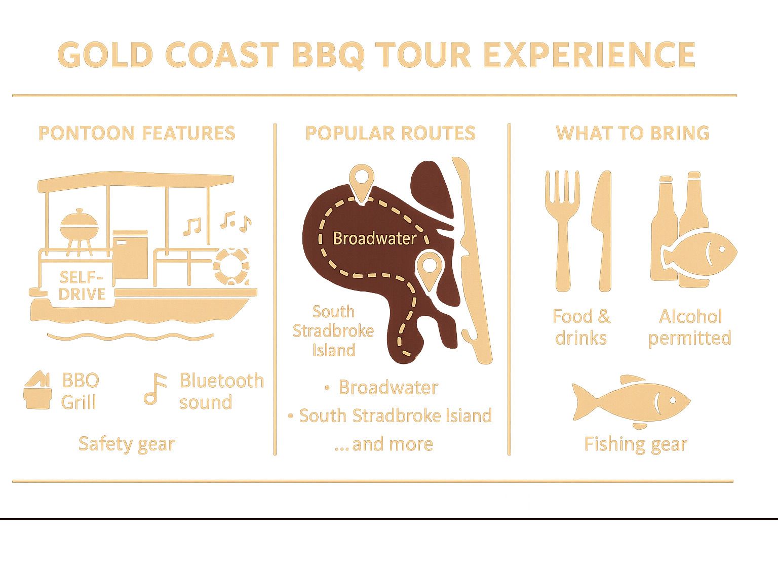 Gold Coast BBQ tour info: self-drive pontoon with grill, routes, food/alcohol, and fishing gear.