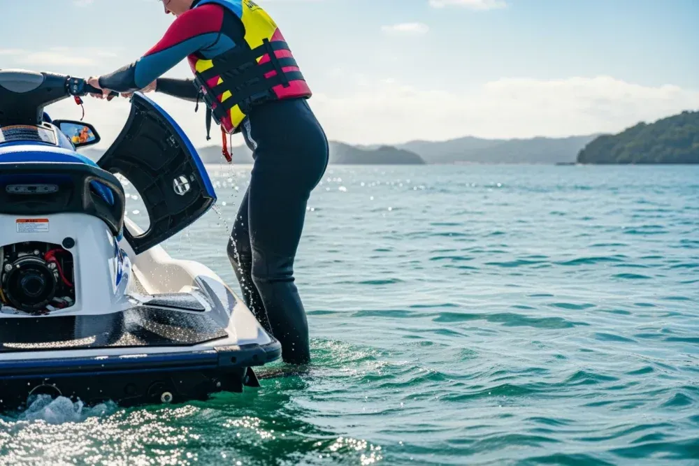 someone reboarding a jet ski from the rear - essential jet ski tips