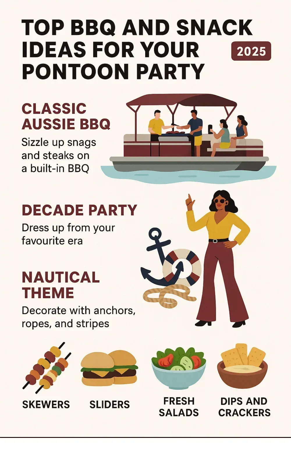 Infographic with top BBQ and snack ideas for your pontoon party - Pontoon party ideas infographic 