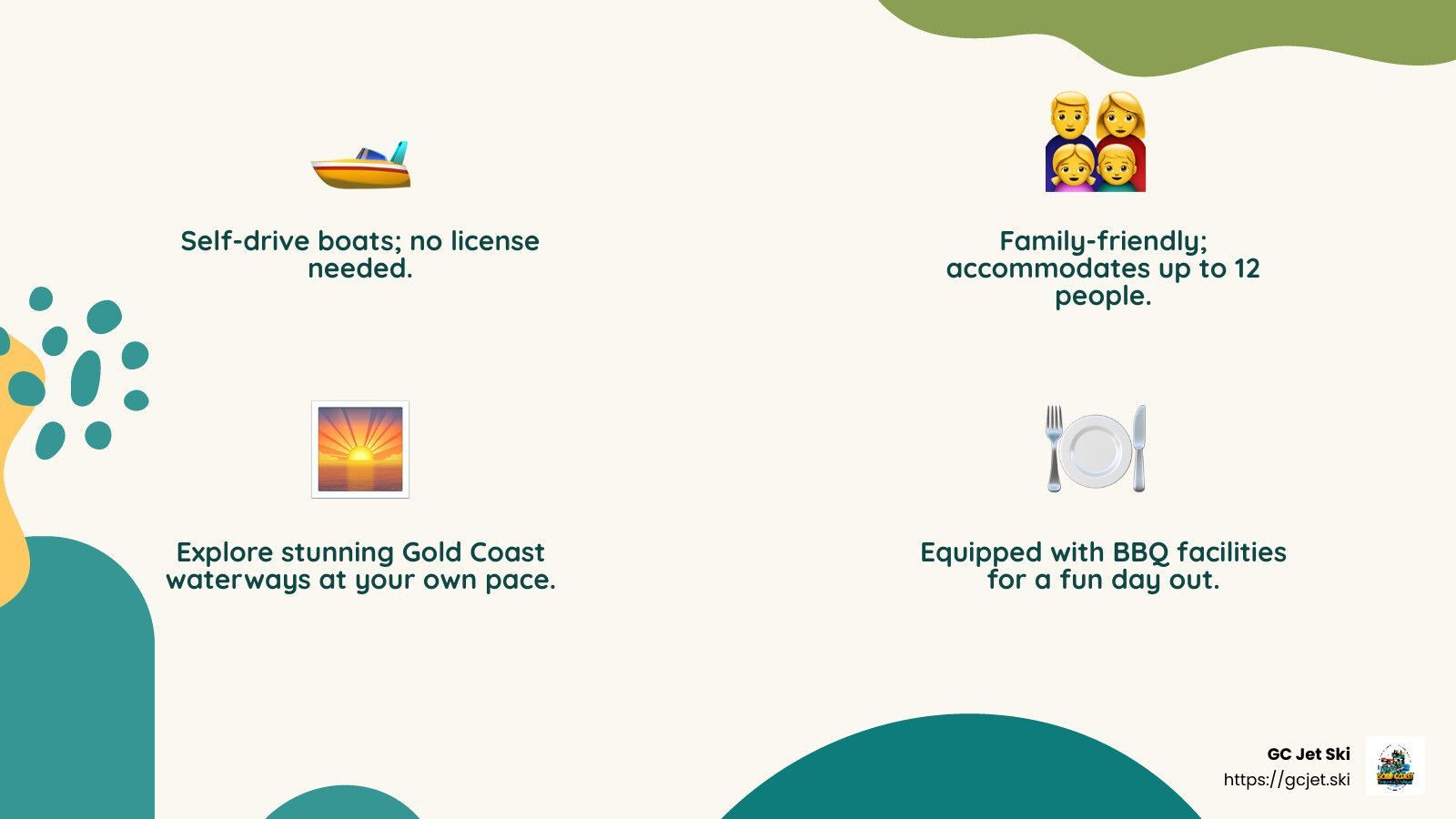 Promotional graphic: boating, family accommodation, Gold Coast waters, and BBQ facilities.