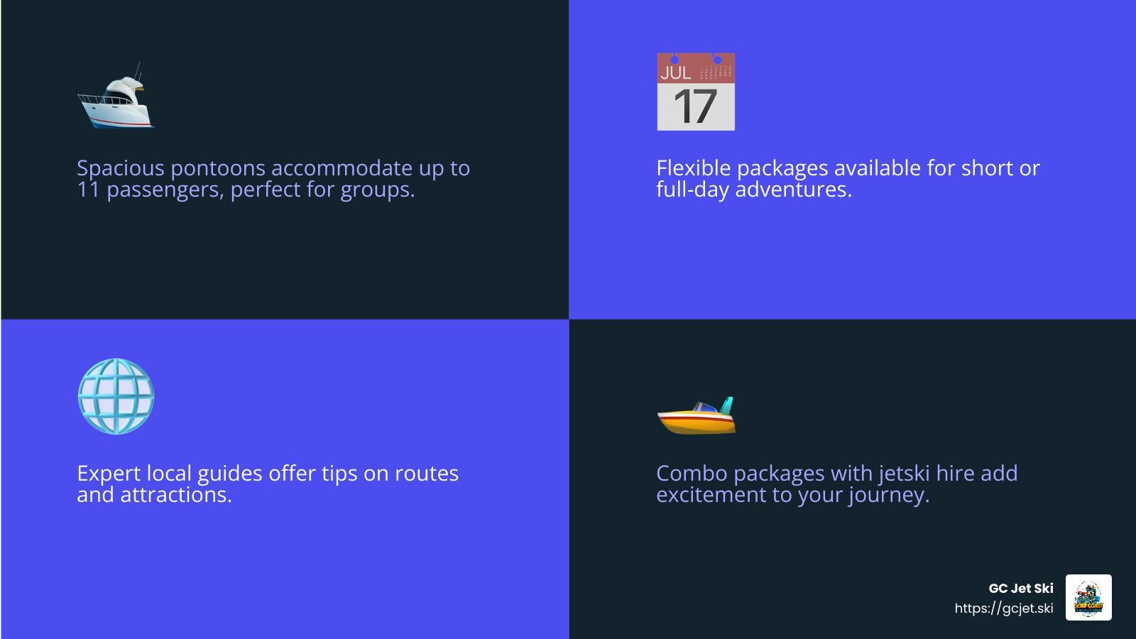 Four panels with icons and text: boat, calendar, globe, and boat; promoting tours and packages.