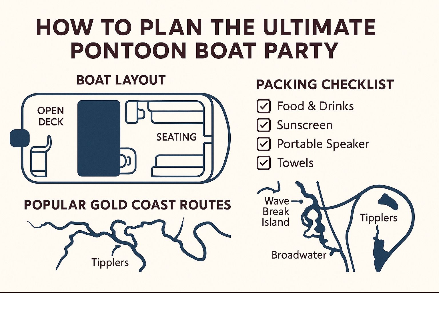 Infographic: How to plan a pontoon boat party. Includes boat layout, packing checklist, and Gold Coast routes.