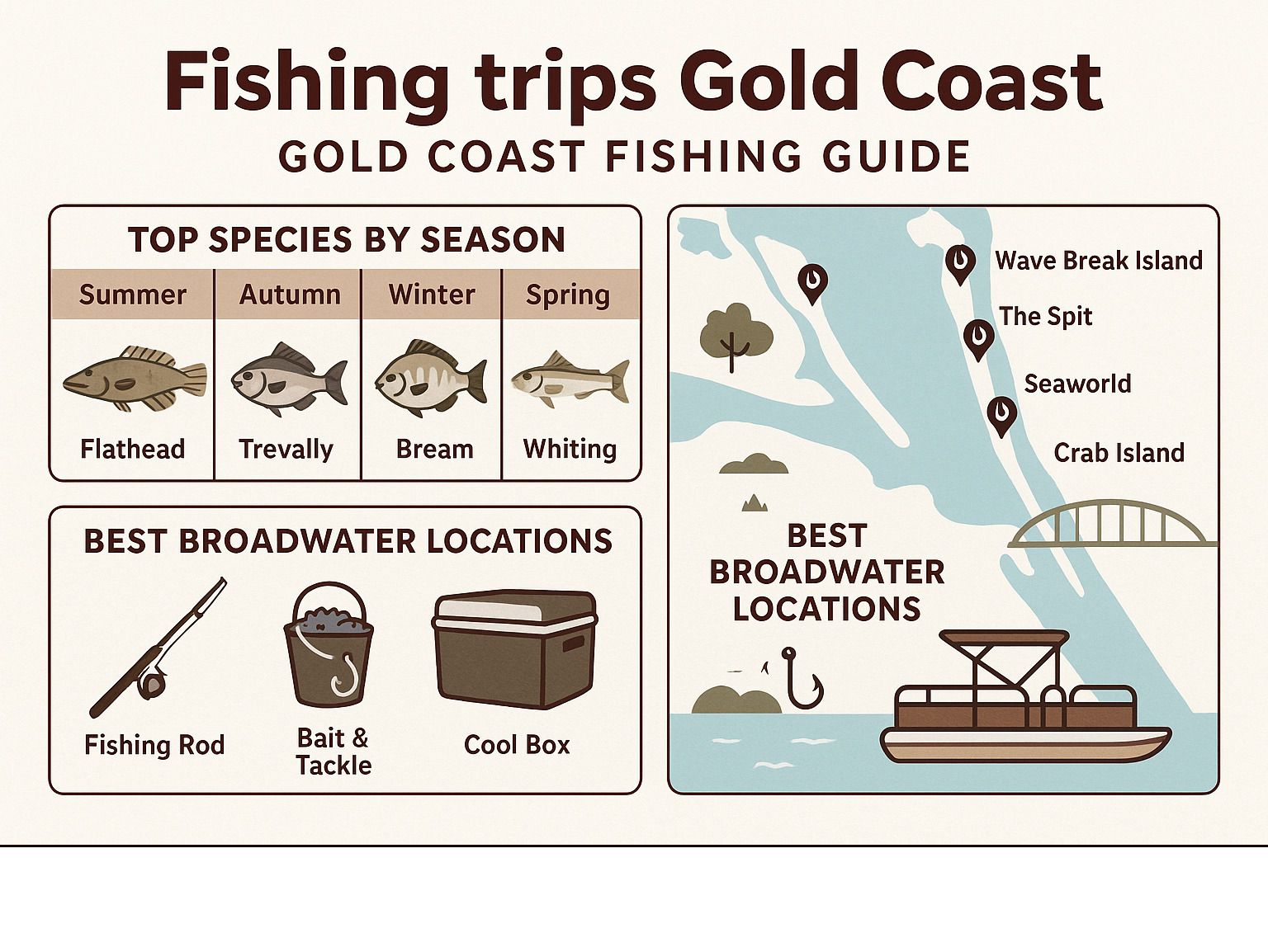Gold Coast fishing guide with seasonal top species and broadwater location map.