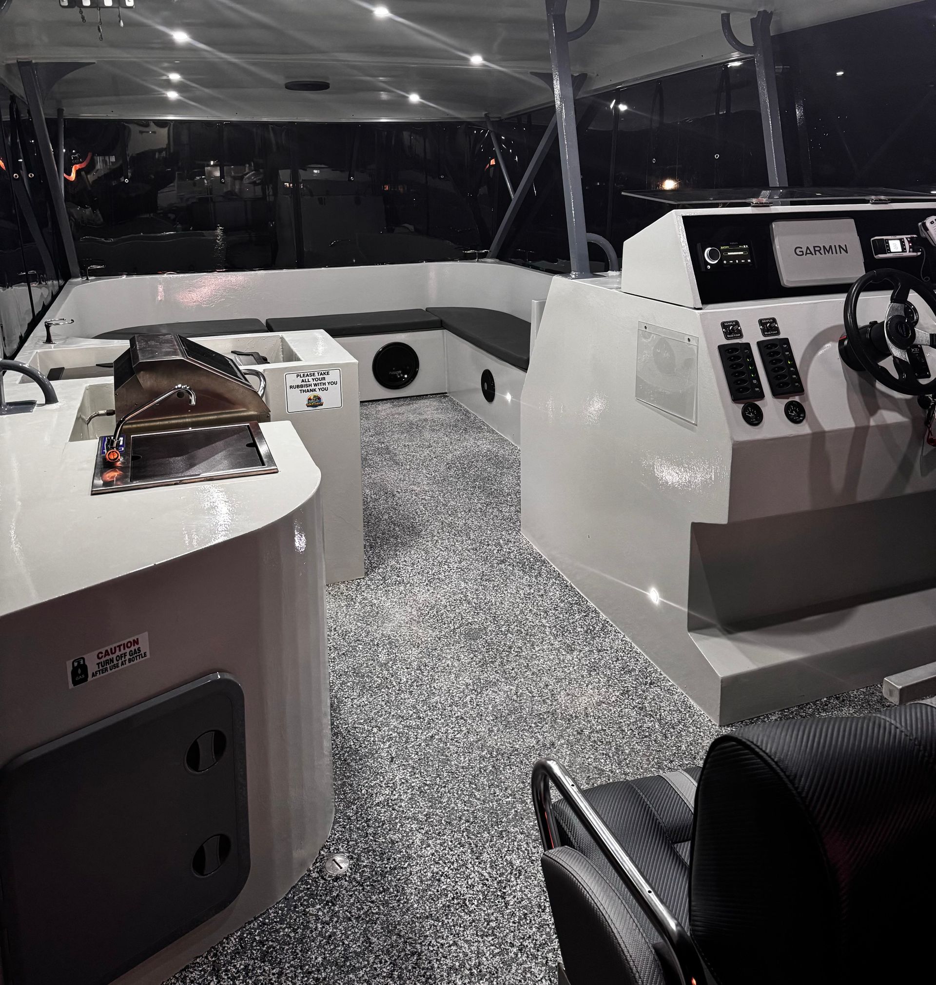 The inside of a pontoon boat