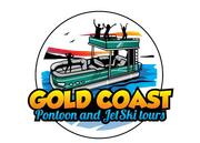 Gold Coast pontoon and jet ski tour logo: teal boat with people, set against a sunset, in a circle.