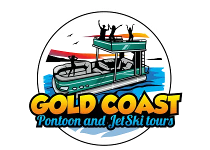 Gold Coast pontoon and jet ski tour logo: teal boat with people, set against a sunset, in a circle.