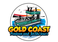 Gold Coast pontoon and jet ski tour logo: teal boat with people, set against a sunset, in a circle.