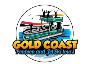 Gold Coast pontoon and jet ski tour logo: teal boat with people, set against a sunset, in a circle.