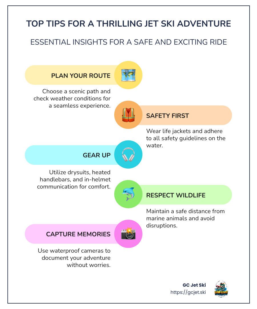Tips for jet skiing: Plan your route, safety first, gear up, respect wildlife, capture memories.