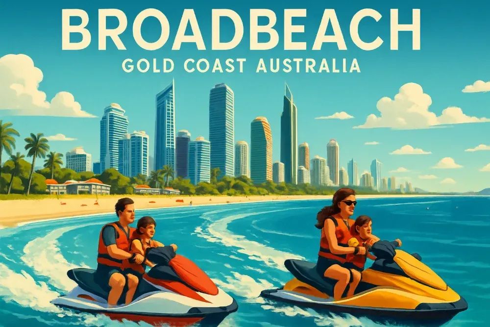 Broadbeach skyline and waterways with jet skis in action, showcasing Gold Coast tourism and family fun - Jet ski hire Broadbeach
