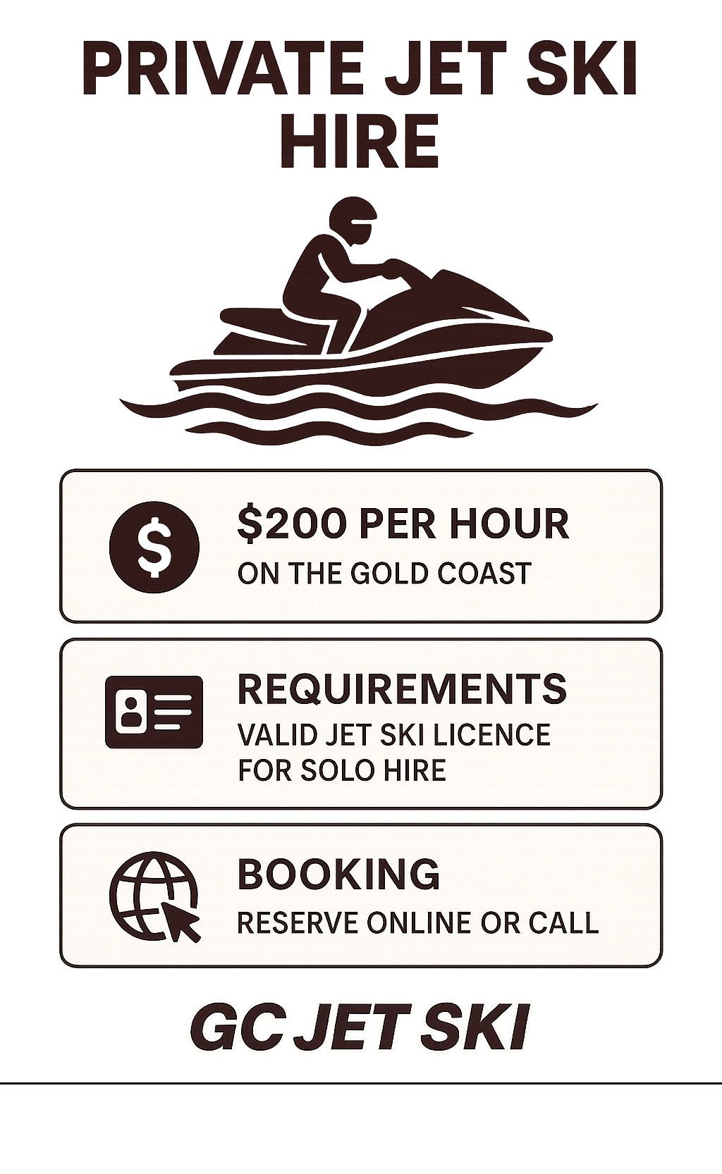 Advertisement for private jet ski hire on the Gold Coast: $200/hour. Requires valid jet ski license. Book online or call.