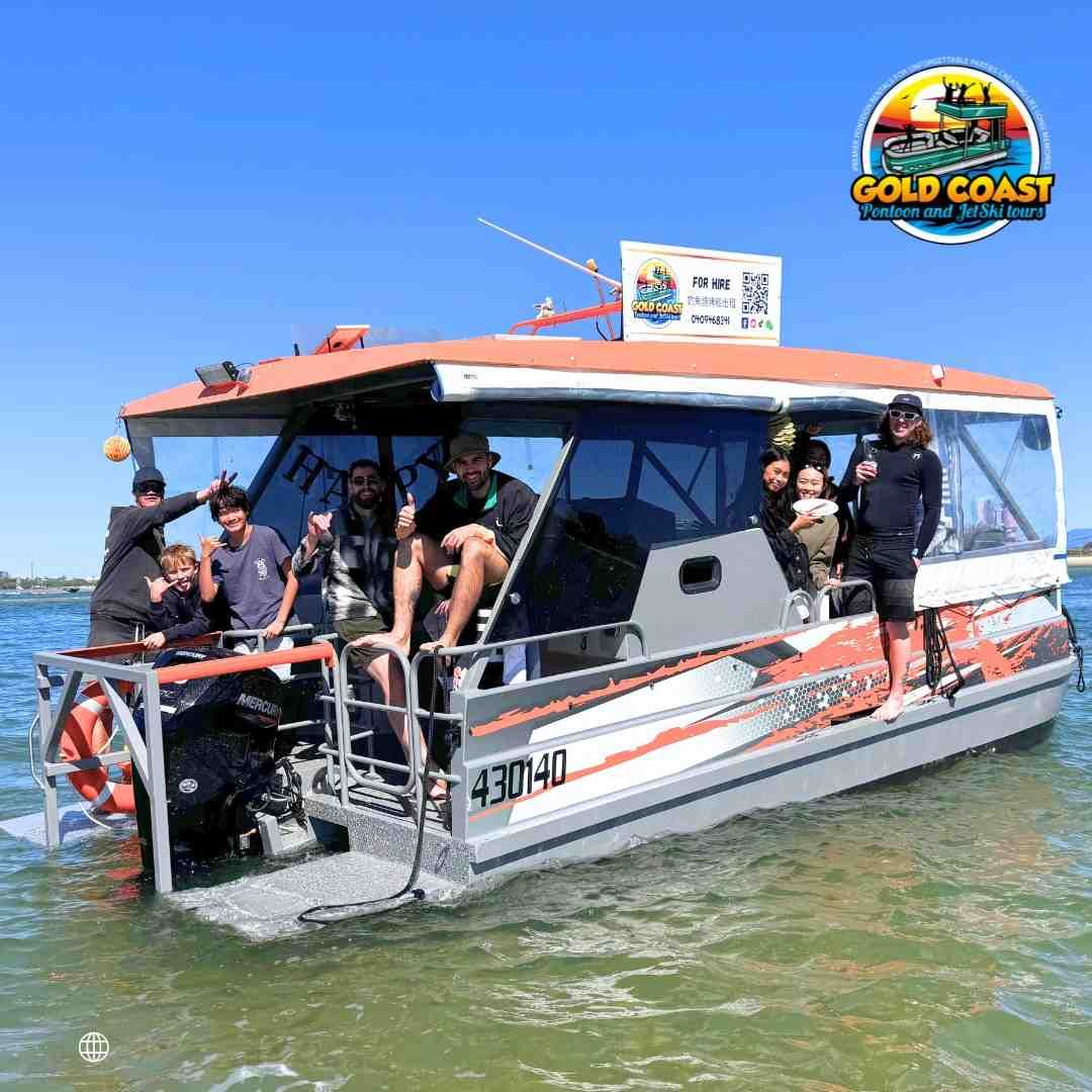 A group of people on a Gold Coast sightseeing boat on a sunny day.
