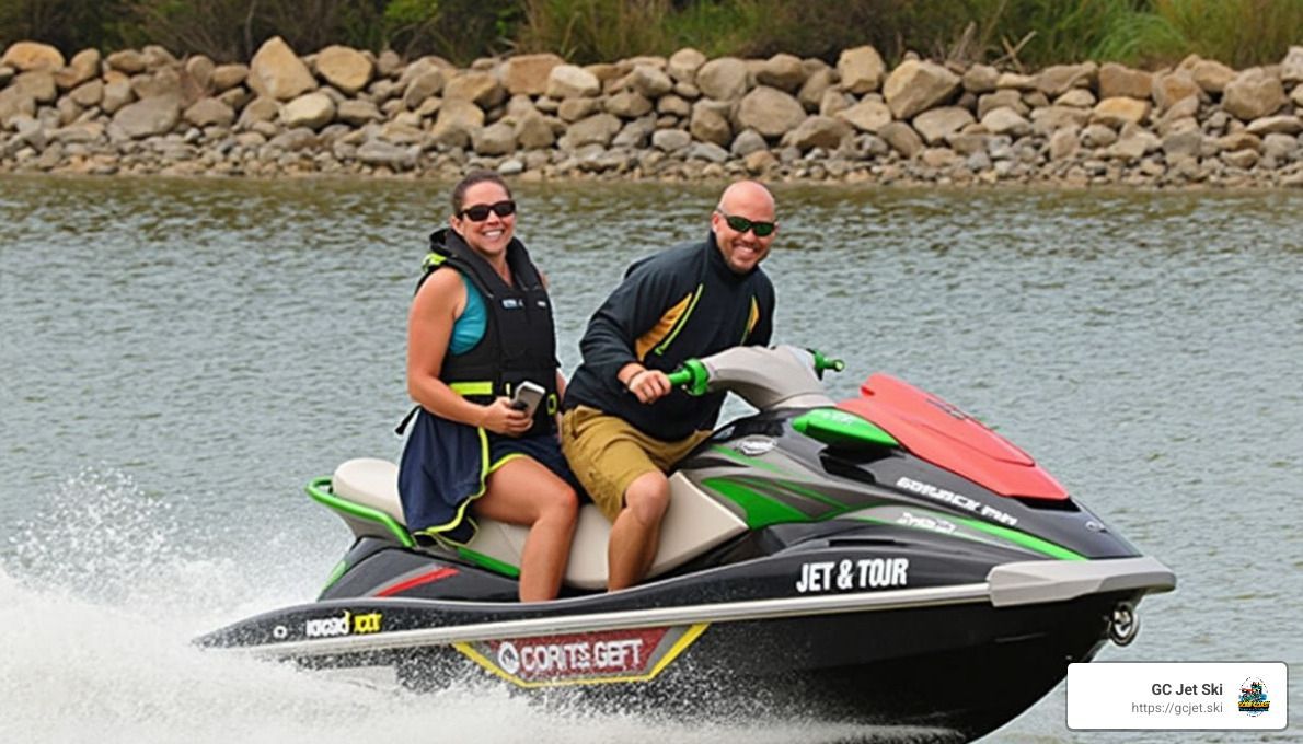 Woman and man on a green and black jet ski on water, both smiling, sunny day.