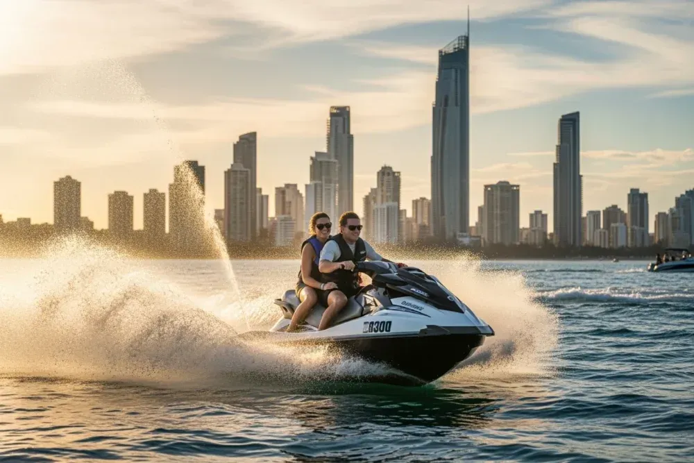 Two people on a jet ski speeding across the water with the Gold Coast skyline in the background - gold coast watersports Two people on a jet ski speeding across the water with the Gold Coast skyline in the background - gold coast watersports