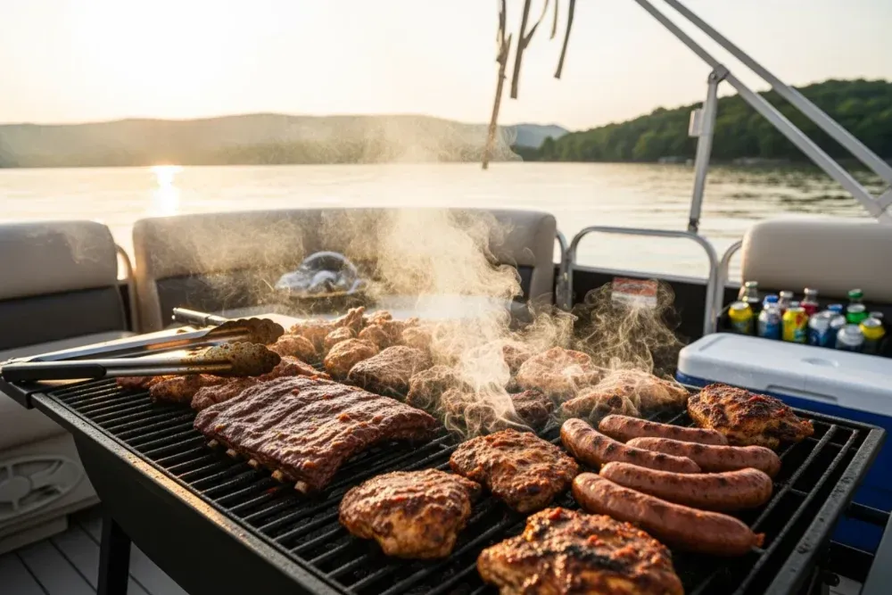 Delicious BBQ sizzling on a pontoon boat grill - gold coast day tours