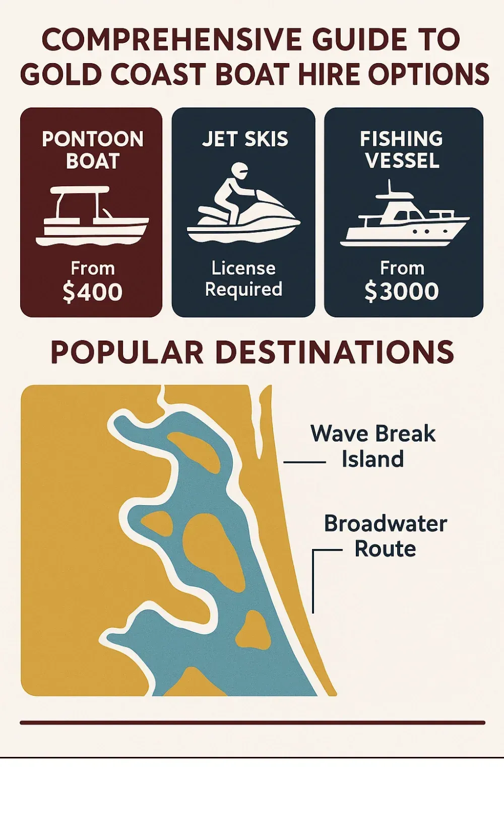 Comprehensive guide to Gold Coast boat hire options showing pontoon boats, jet skis, fishing vessels, and luxury charters with pricing tiers, licence requirements, and popular destinations including Wave Break Island and Broadwater routes - Boat hire Burleigh Heads infographic 