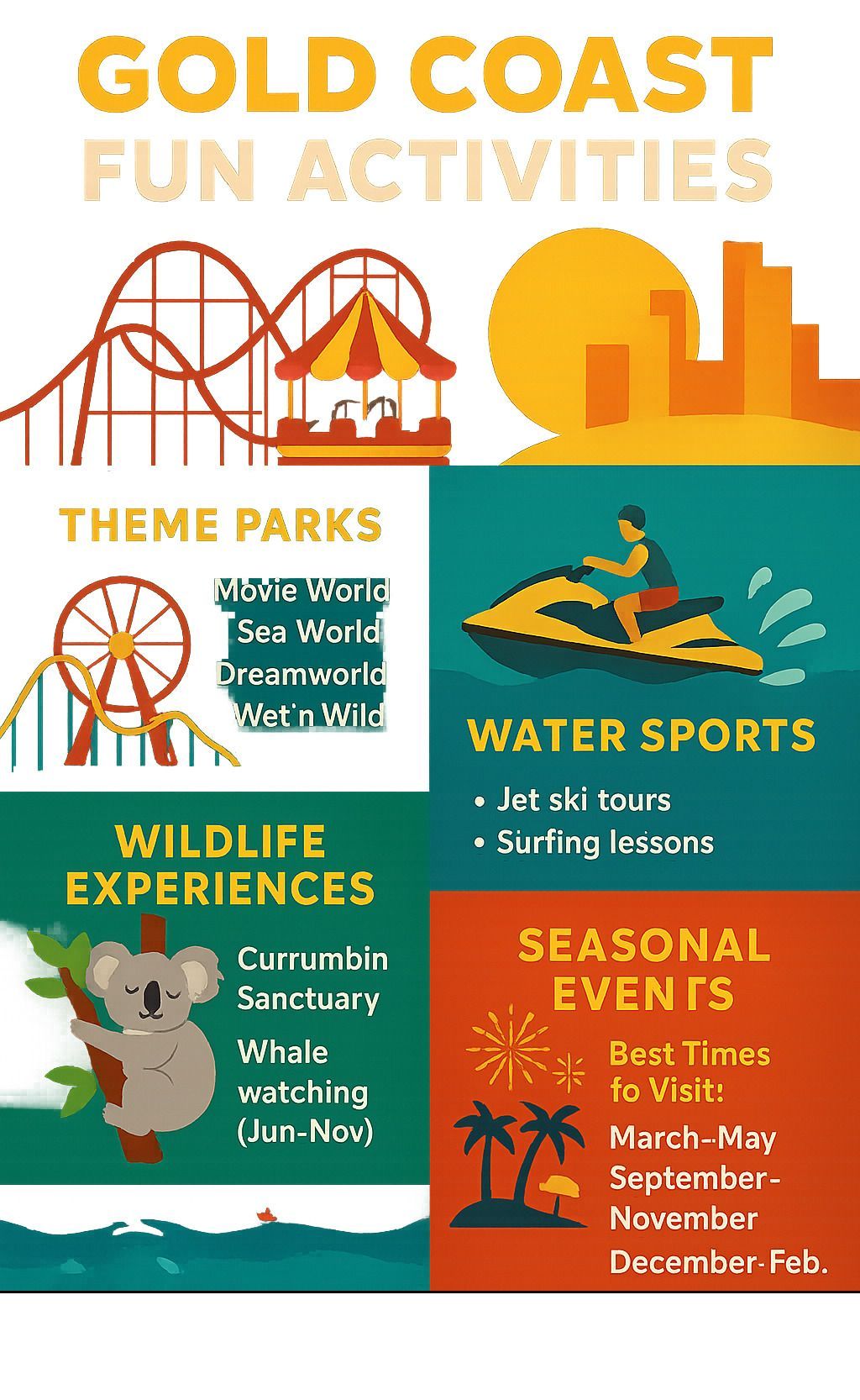Gold Coast fun activities: Theme parks, water sports, wildlife experiences, and seasonal events.