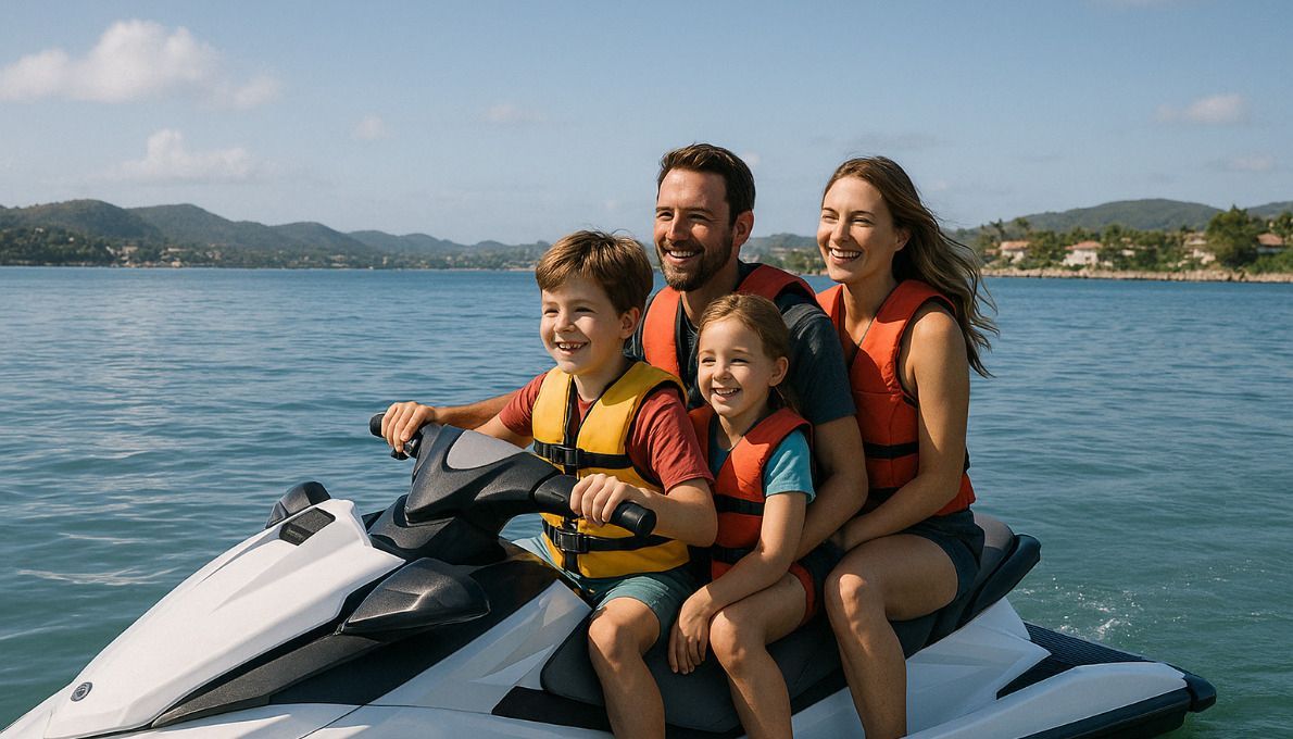 Family of four on a jet ski, smiling, wearing life vests, on blue water near trees.