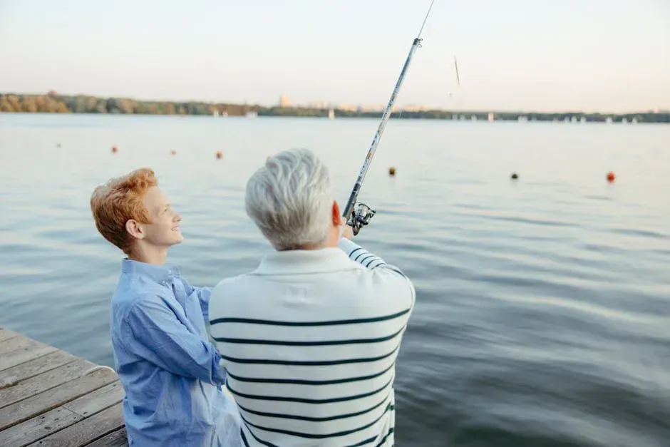 A boy watches his grandfather fishing on a pier, both overlooking a calm lake.
