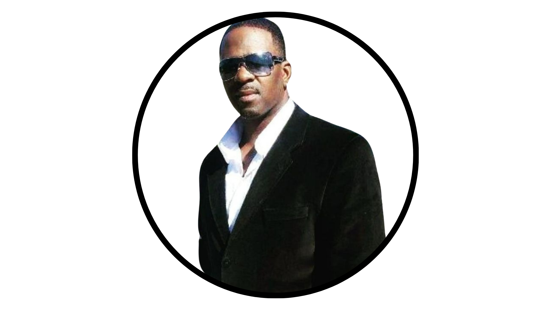 A man wearing a white shirt and a black blazer with sunglasses, centered in a circular frame against a white background.