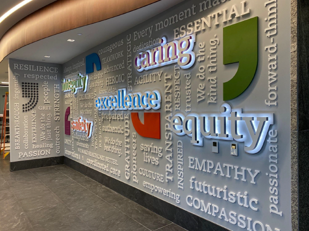 A wall with a lot of words on it including equity