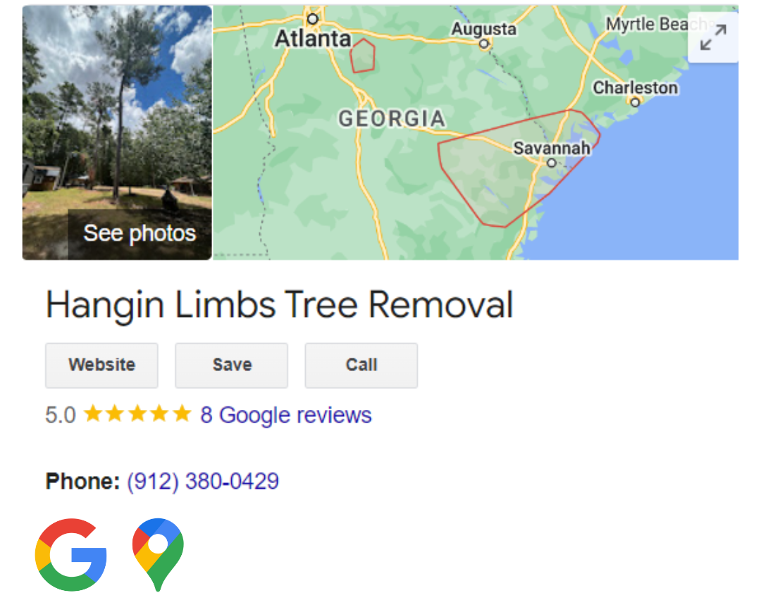 Google Maps profile for Hangin Limbs Tree Removal showing 5 Star Google Reviews