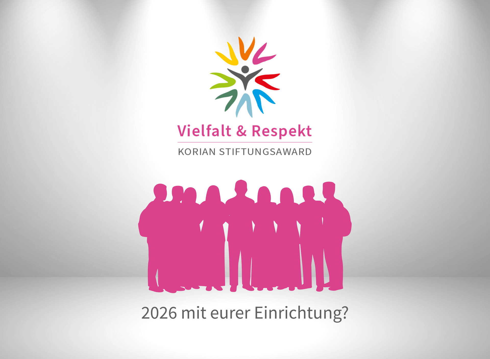 Silhouetten einer Gruppe mit dem Logo des Stiftungsawards 2026 mit dem Untertitel: Korian Stiftungsaward 2026 mit eurer Einrichtung?
