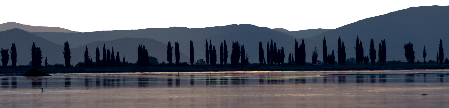 Siluetas de árboles bordean un cuerpo de agua frente a montañas brumosas. La escena está iluminada por una luz tenue y tenue.