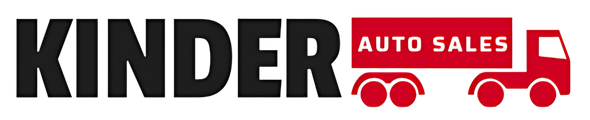 The logo for kinder auto sales shows a truck with a trailer.