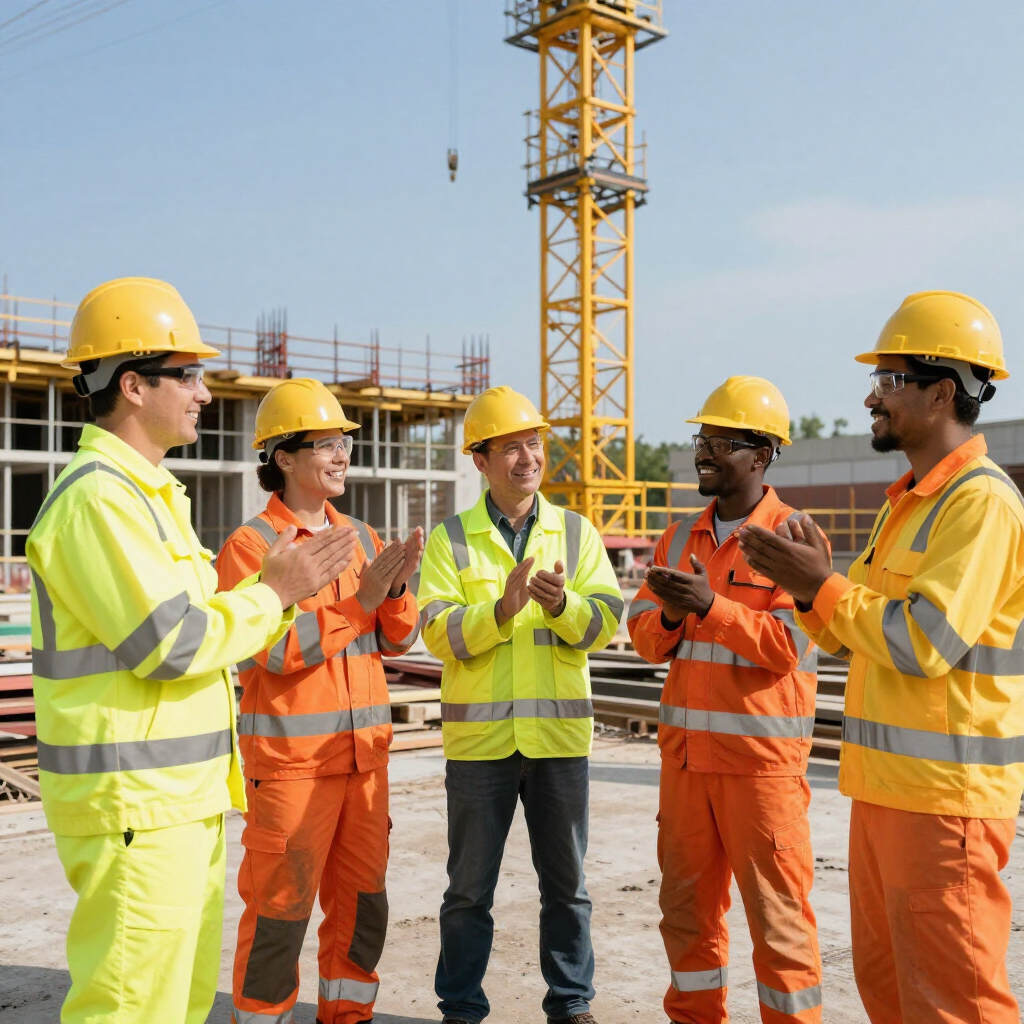 Equipo de obra celebrando un proyecto concluido con éxito