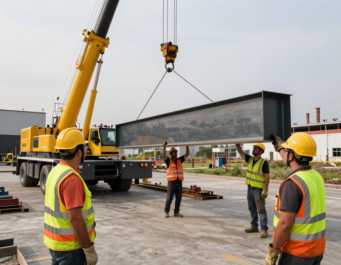 Grúa móvil levantando una trabe de acero