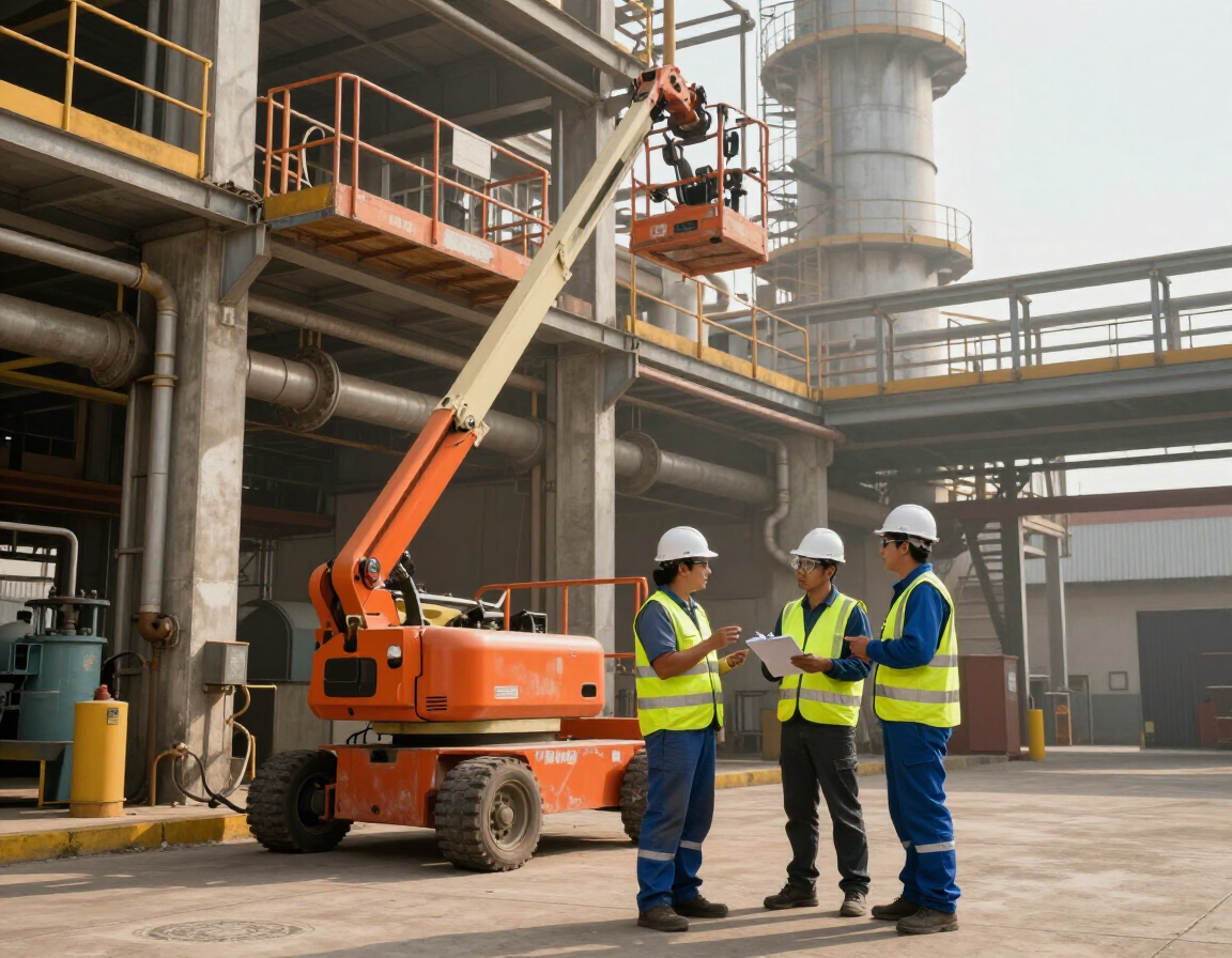 Plataforma articulada operando junto a una nave industrial