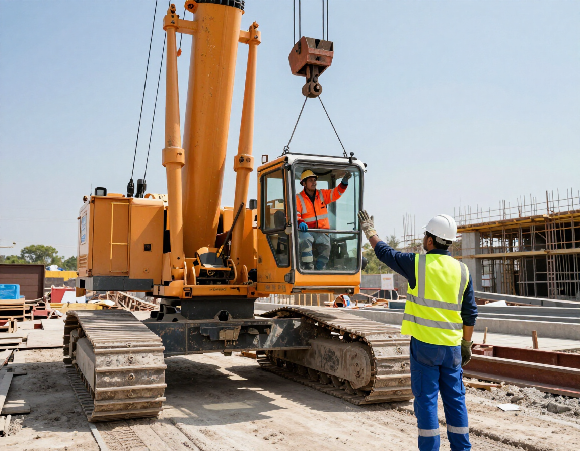 Operación guiada de grúa en obra industrial